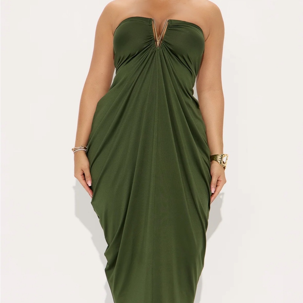 Strapless Fashion Nova Olive Green Draped Maxi Dress NWT